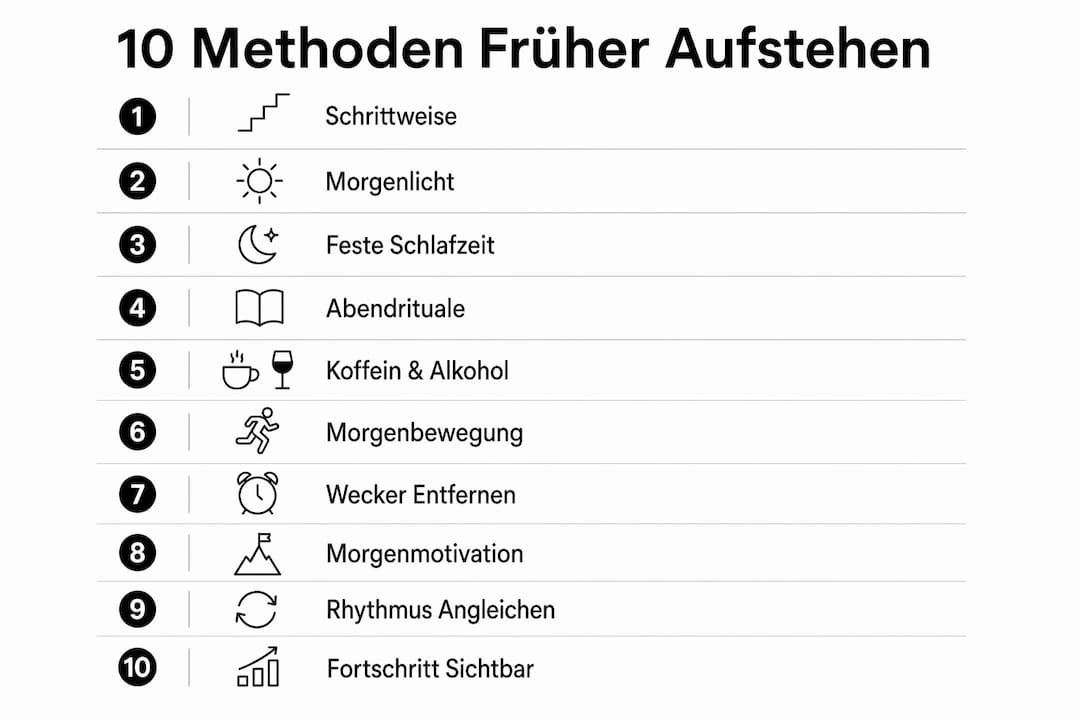 Diese Infografik stellt 10 praktische Tipps vor, wie du morgens leichter aus dem Bett kommst.