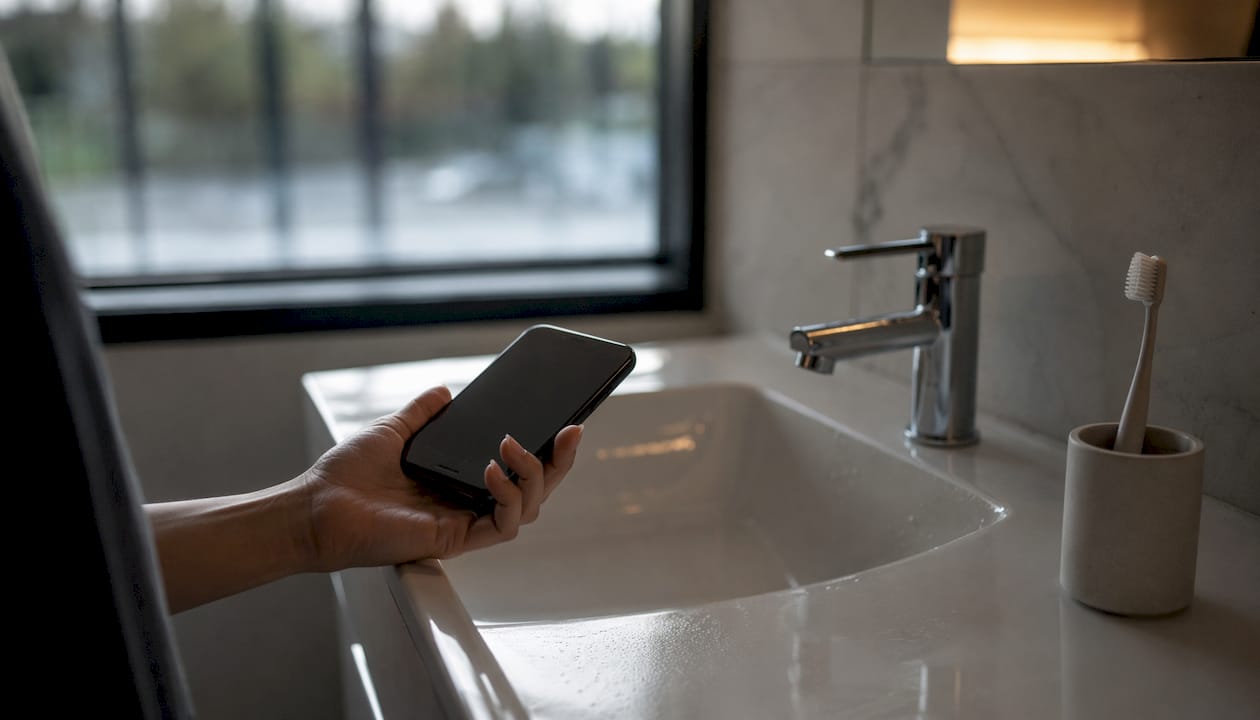 Im Badezimmer hält jemand sein Smartphone direkt neben der Zahnbürste in der Hand.