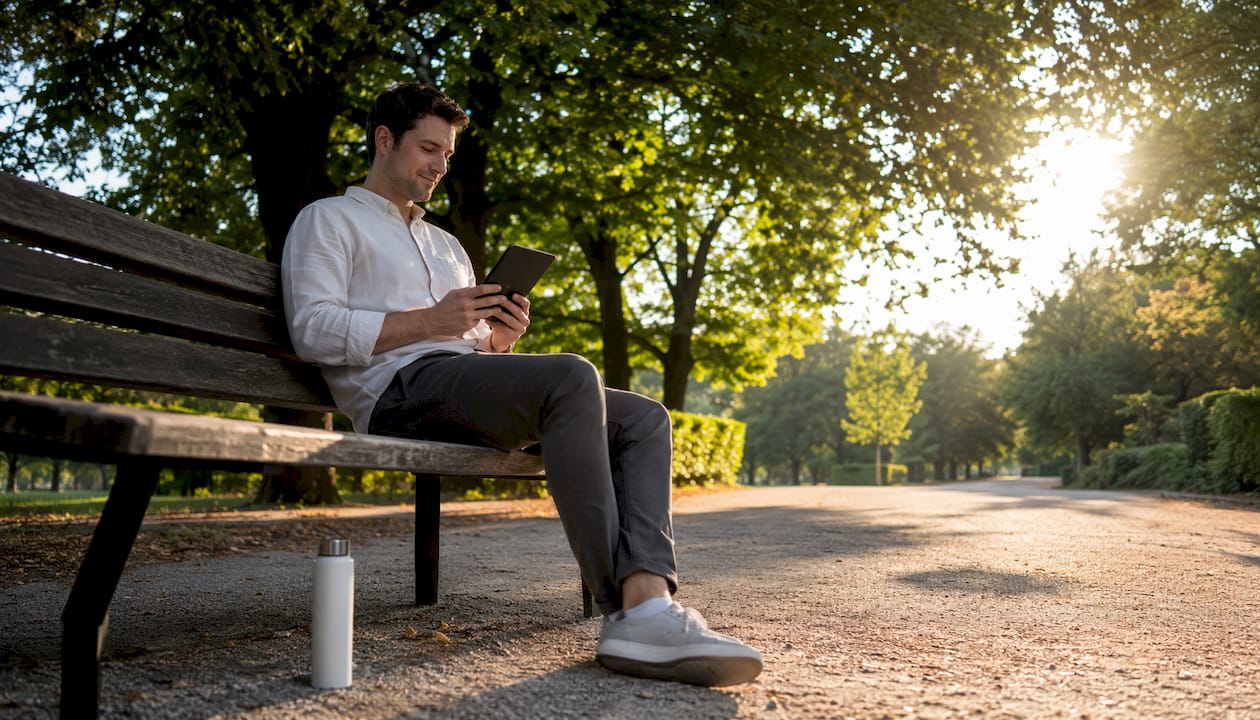 Ein Berufstätiger entspannt sich nach Feierabend mit einer Meditations-App in den eigenen vier Wänden.