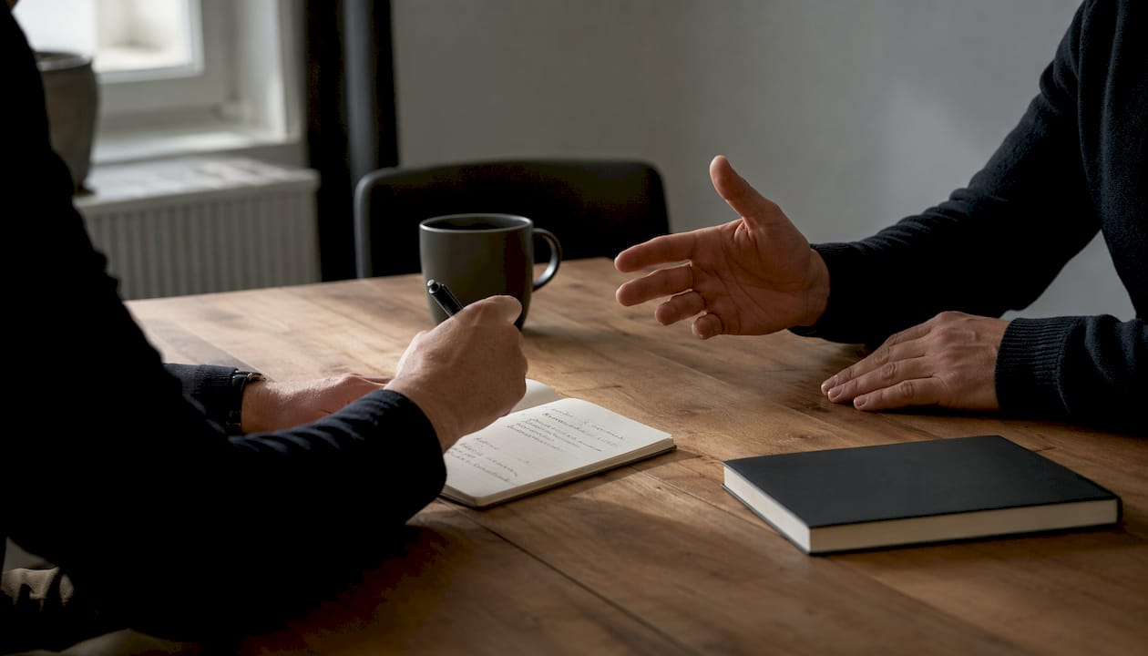 Detailaufnahme von Händen, die während einer Diskussion am Tisch nach einer Lösung suchen.