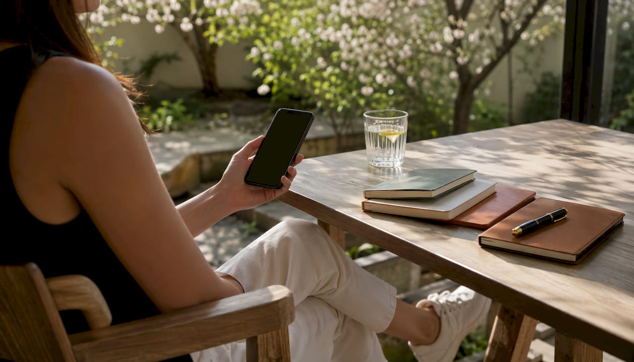 Jemand hält ein Smartphone in der Hand, während auf dem Schreibtisch Notizbücher liegen.