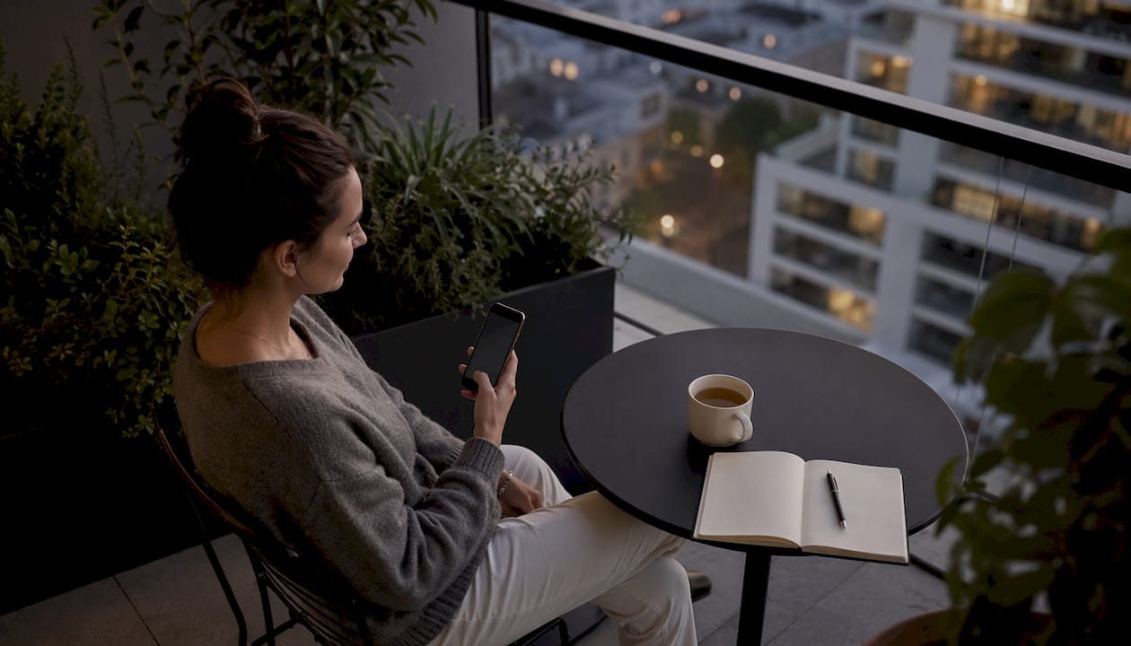 Im Wohnzimmer nimmt sich eine Frau Zeit für ihre mentale Gesundheit und nutzt dabei eine App.