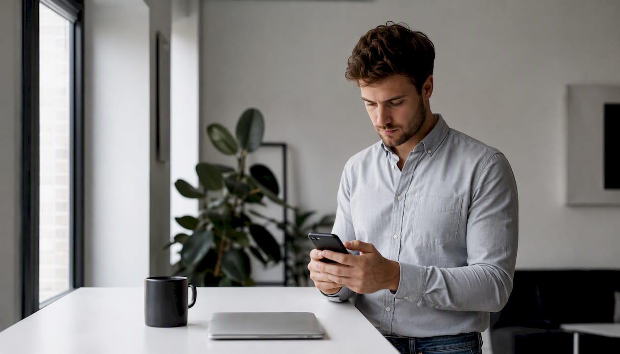 Ein Mann stellt im Café eine App-Beschränkung auf seinem Smartphone ein.