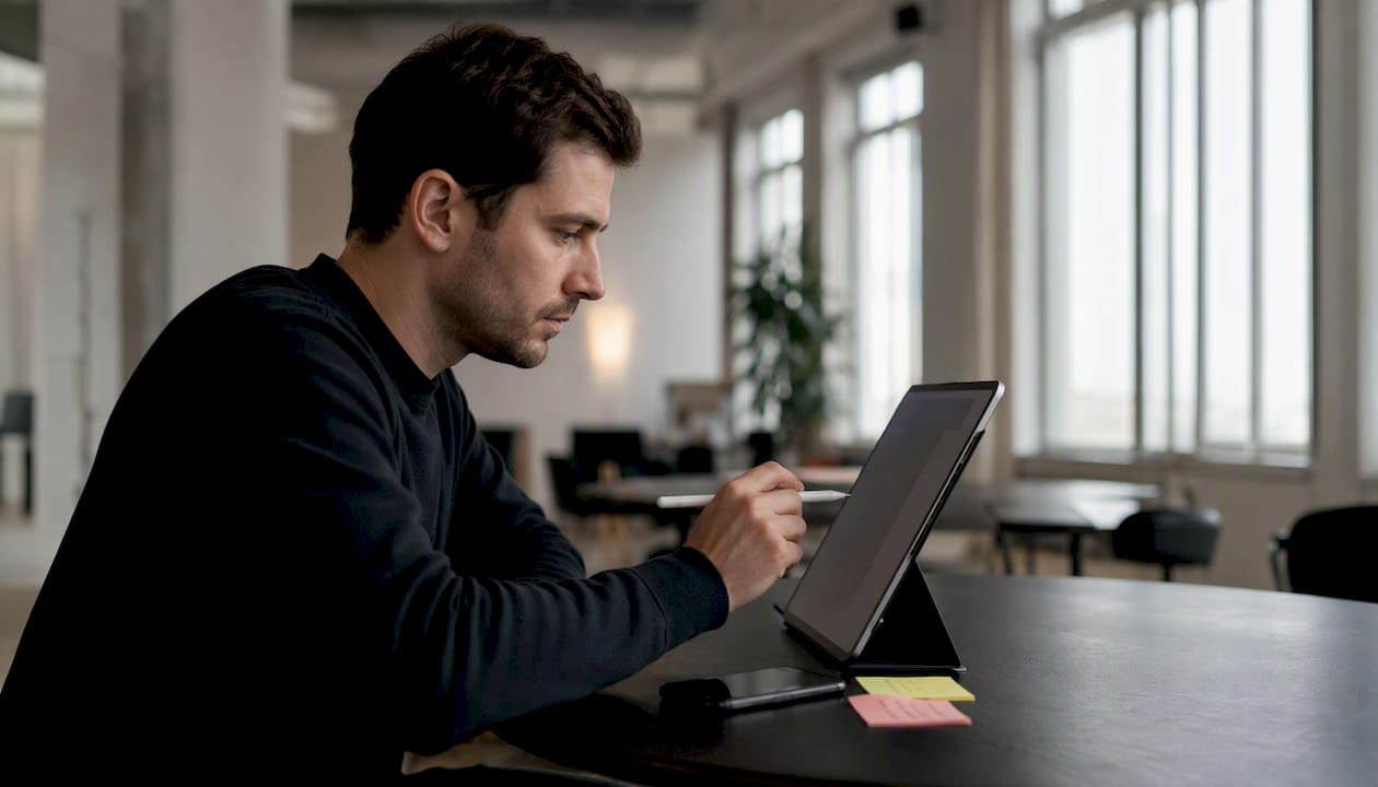 Ein Mann prüft verschiedene Habit-Tracker-Apps auf seinem Tablet und vergleicht deren Funktionen.
