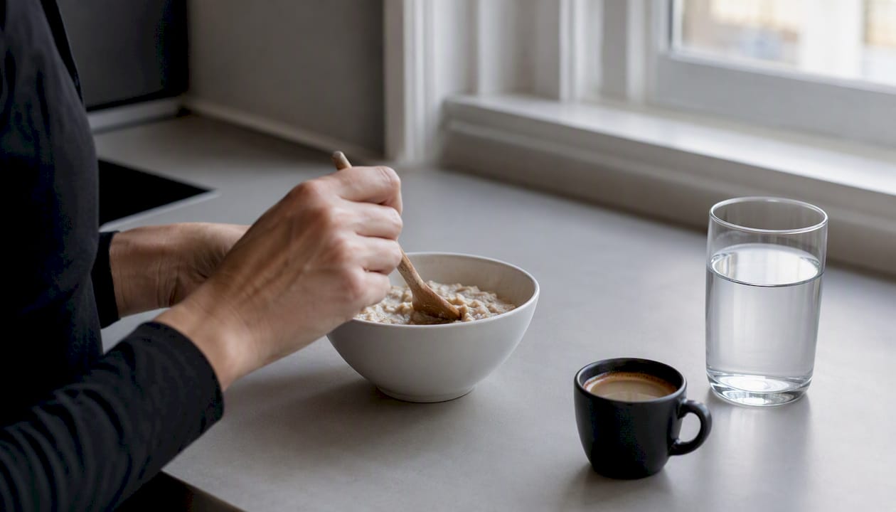 Morgens rühre ich meinen warmen Haferbrei um – ein fester Bestandteil meiner Frühstücksroutine.