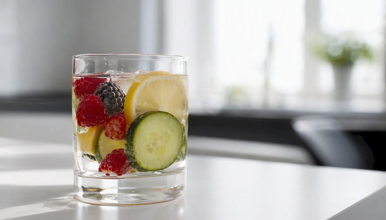 Ein Glas Wasser mit frischen Früchten – ideal für einen erfrischenden Genuss.
