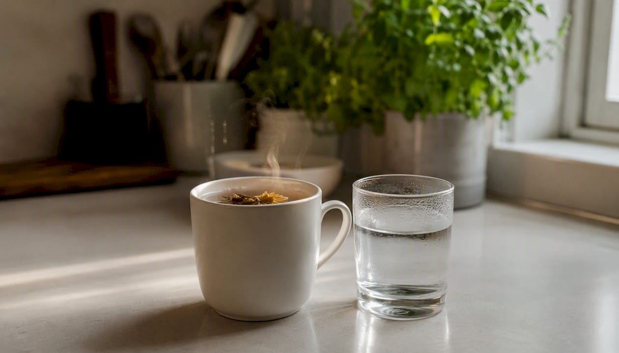 Auf dem Tisch steht eine Kaffeetasse neben einem Glas Wasser.