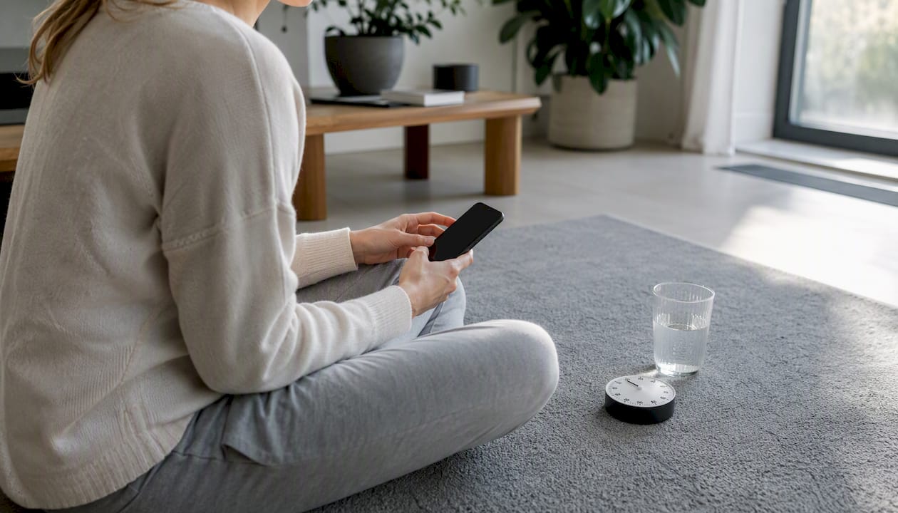 Eine Person hält ihr Smartphone in der Hand – direkt neben einer Stoppuhr und einer Tasse Kaffee.