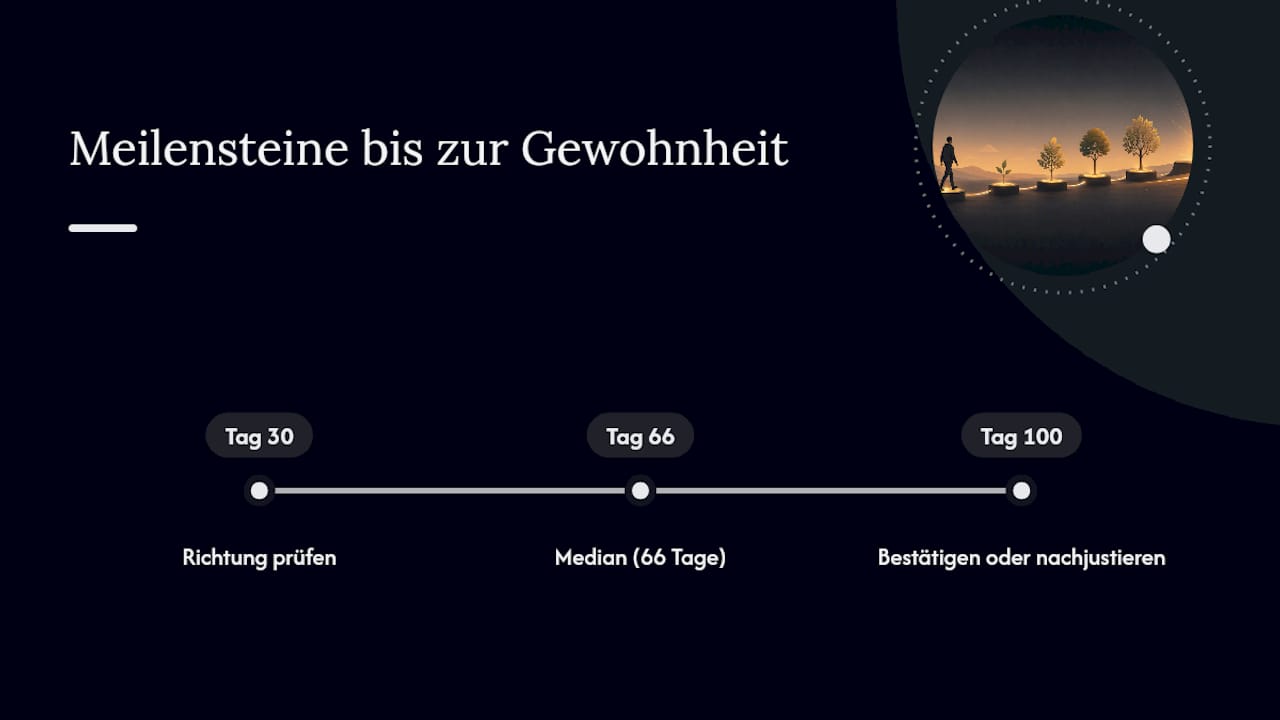 Die wichtigsten Etappen auf dem Weg zur Gewohnheitsbildung: Meilensteine nach 30, 66 und 100 Tagen im Überblick.