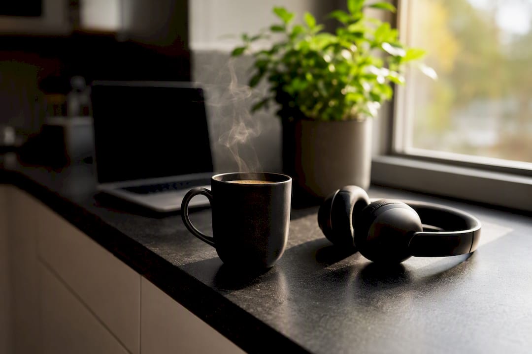 Auf meinem Schreibtisch stehen eine Kaffeetasse und Kopfhörer – bereit für einen produktiven Arbeitstag.